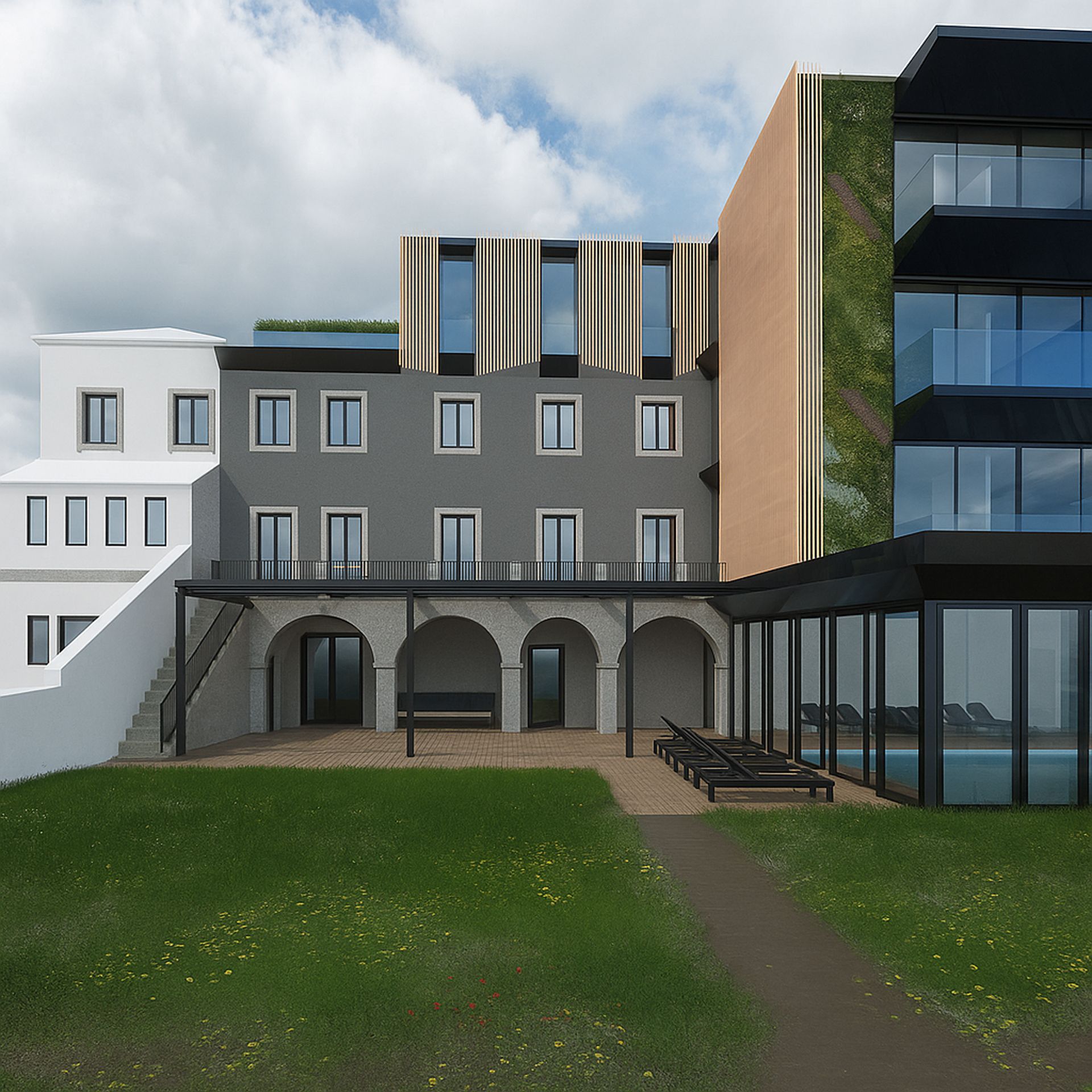 Contact Luxury Wisdom Properties today to discuss luxury property development in Portugal. This image shows a rendering of Casa Grande da Bandeira, back view.