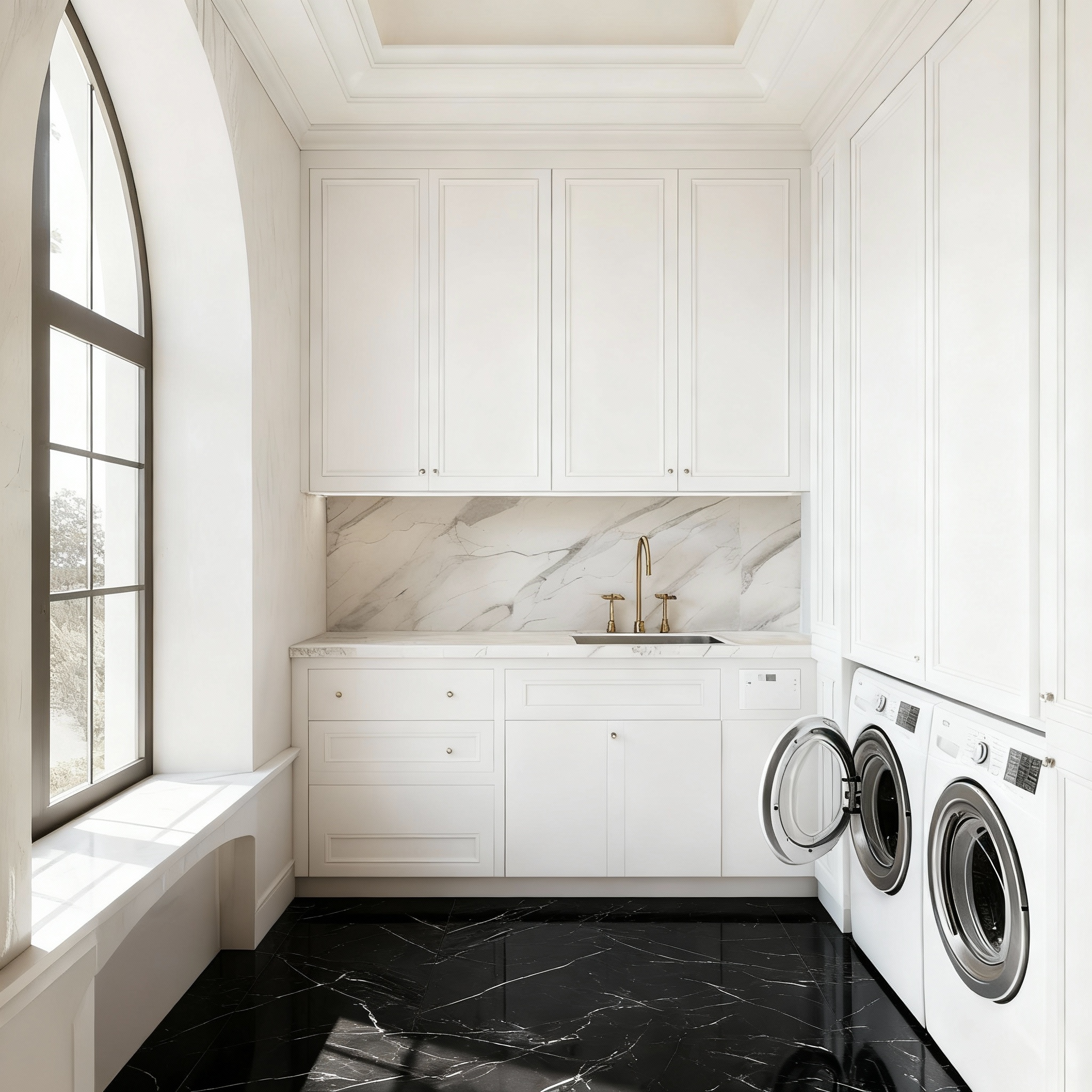 Luxury property redevelopment in Portugal showcasing a beautiful white laundry room with arched window and black marble floor.